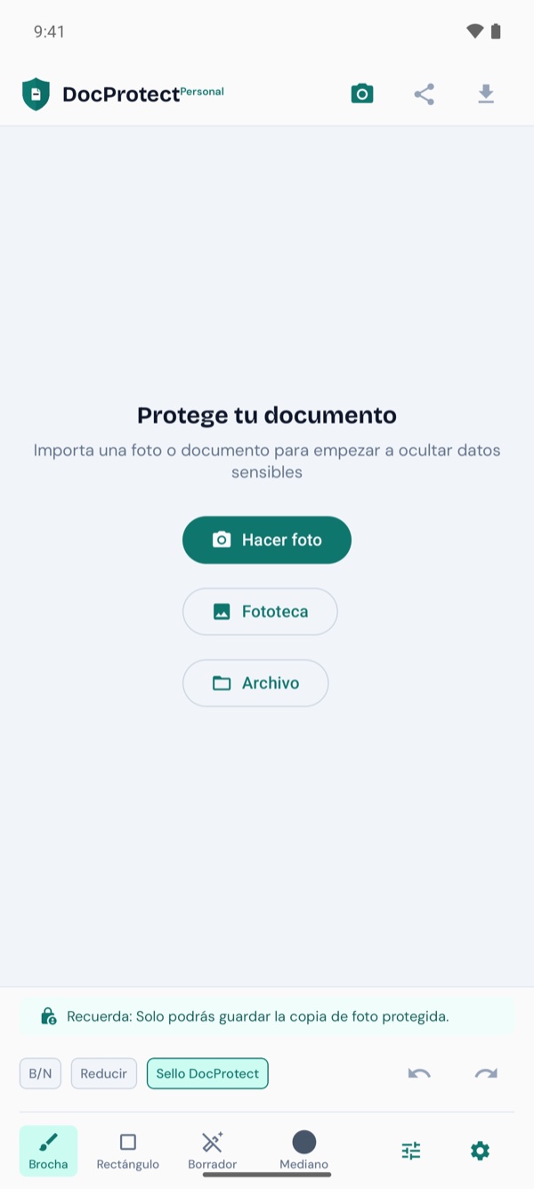 Pantalla de inicio de DocProtect en Android con opciones de cámara, fototeca y archivo