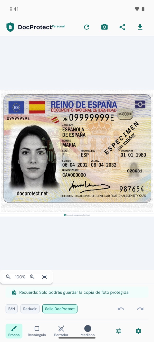 Documento de identidad con marca de agua en DocProtect para Android