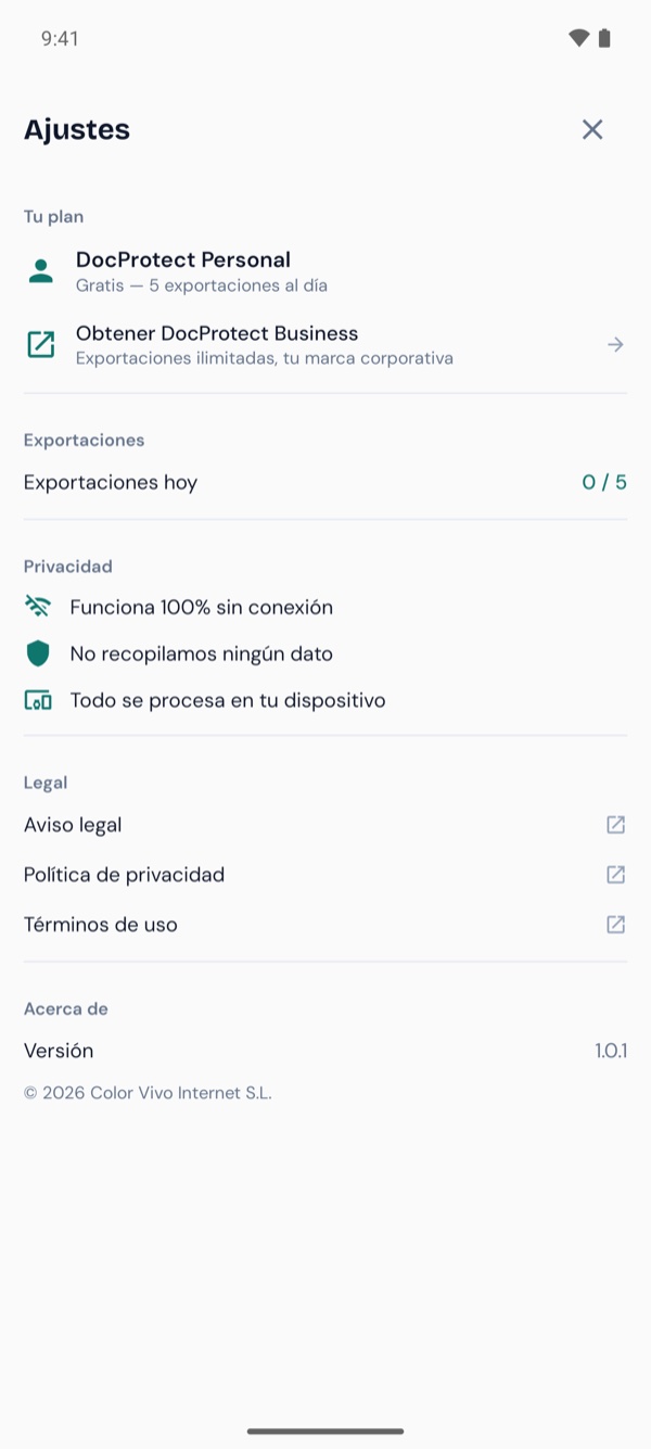 Ajustes y plan Personal en DocProtect para Android