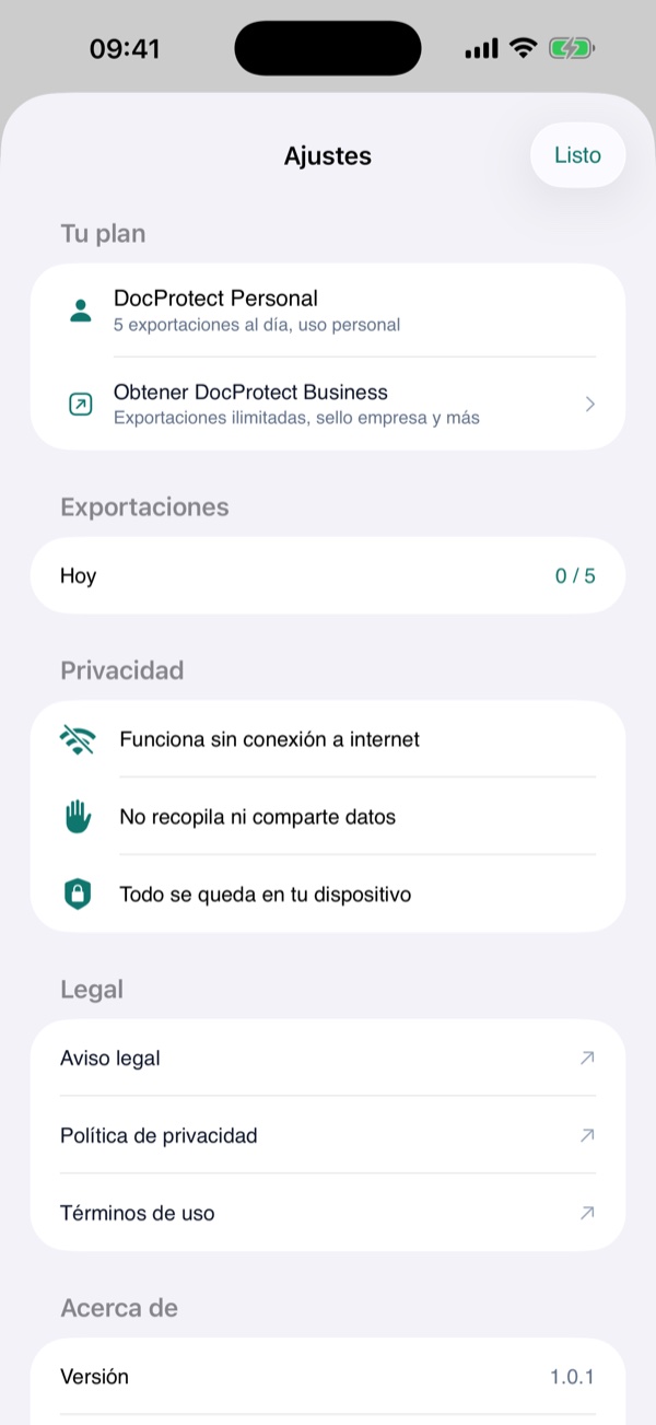 Ajustes y plan Personal en DocProtect para iPhone